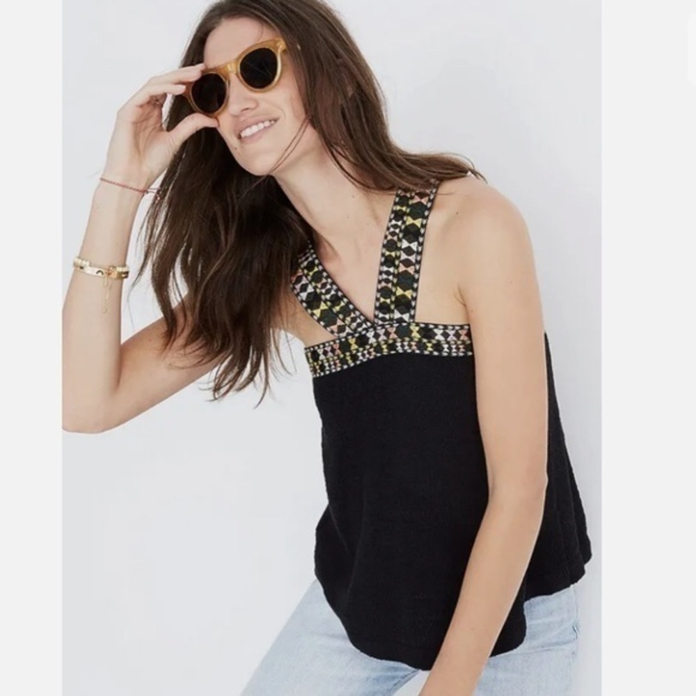 Madewell black knit geometric pattern embroidered swing sweater tank size L
